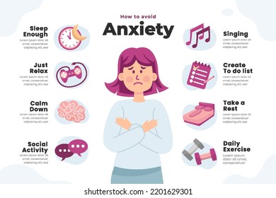 Tips for anxiety. Woman hugging herself. Mental health concept. Infographic of psychology help. Mood disorder. Vector illustration in flat cartoon style. Avoid Treatment