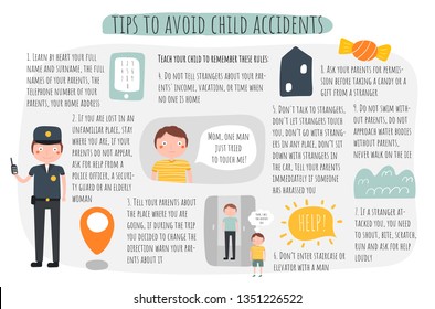 Tips to avoid child accidents infographic. Recommendations for parents about child safeness. Advises about how to avoid danger for kids. 