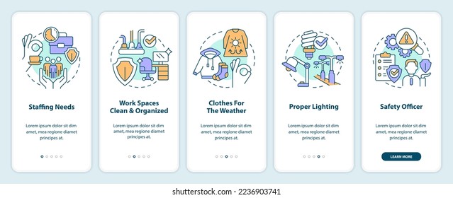 Tips for avoiding workplace injuries onboarding mobile app screen. Walkthrough 5 steps editable graphic instructions with linear concepts. UI, UX, GUI template. Myriad Pro-Bold, Regular fonts used