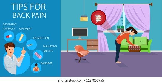 Tips for Back Pain for Women. Bad Position for Hold Basket. Recommendations for Treatment of Pain. Wrong Posture. Positions for Lift and Hold. Wrong carrying Position. Vector Illustration.