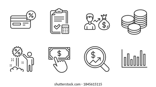 Tips, Bar diagram and Payment click line icons set. Currency audit, Accounting checklist and Cashback signs. Discount, Sallary symbols. Cash coins, Statistics infochart, Financial transfer. Vector