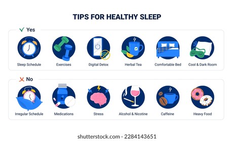 Tips for better sleep. Good and bad sleep rules. Healthy care info graphics. Trendy flat vector illustrations for web banner or landing page.