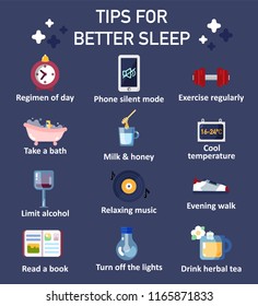 Tips for better sleep icon set. Vector flat style design illustration. Useful advices how to sleep better at night for infographic, other printed materials.