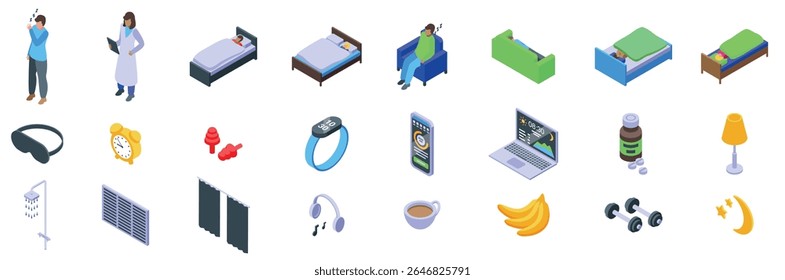  Tips better sleep icons set. Sleep hygiene essentials and healthy habits for better sleep, featuring isometric icons of beds, sleep masks, and a doctor giving advice