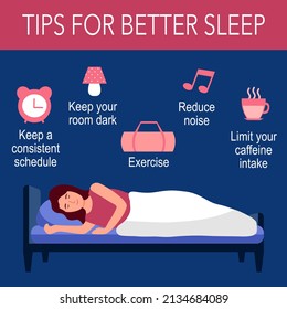 Tips for better sleep at night infographics. Sleeping woman in bedroom and useful advices for better sleep above her.