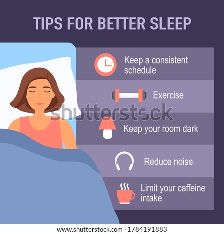 Tips for better sleep at night infographics. Sleeping woman in bedroom and useful advices for better sleep next to her.