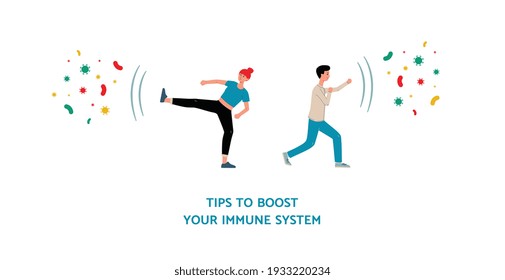 Tips To Boost Your Immune System Header With Cartoon People Fighting With Viruses, Flat Vector Illustration Isolated On White Background. Disease Prevention Measures.