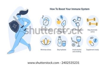 Tips for boosting the immune system with a cartoon female character. Healthy lifestyle and immunity support icons. Vector info graphics with flat illustrations.