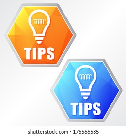 tips and bulb sign, two colors hexagons web icons, flat design, business support concept, vector