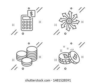 Tips, Calculator and Versatile line icons set. Bitcoin sign. Cash coins, Money management, Multifunction. Cryptocurrency coin. Finance set. Line tips outline icon. Vector