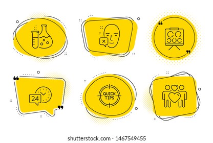 Tips, Chemistry Flask And Love Couple Signs. Chat Bubbles. Vision Board, 24h Service And Face Declined Line Icons Set. Eye Check, Call Support, Identification Error. Quick Tricks. Business Set. Vector