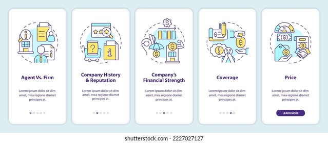 Tips for choosing insurance company onboarding mobile app screen. Walkthrough 5 steps editable graphic instructions with linear concepts. UI, UX, GUI template. Myriad Pro-Bold, Regular fonts used