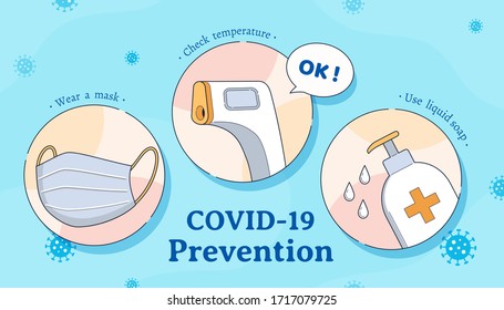 Tips for COVID-19 prevention, wear a mask, check temperature and use wash hands frequently