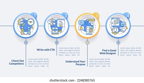 Tips for creating website circle infographic template. Write with CTA. Data visualization with 4 steps. Editable timeline info chart. Workflow layout with line icons. Lato-Bold, Regular fonts used
