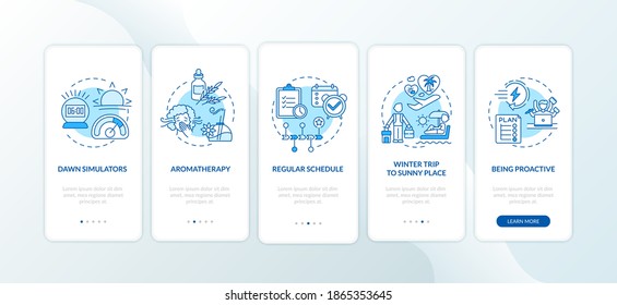 Tips to ease SAD onboarding mobile app page screen with concepts. Sunrise simulators, organizers walkthrough 5 steps graphic instructions. UI vector template with RGB color illustrations