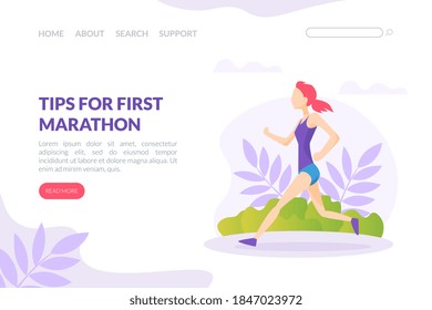 Tips for First Marathon Landing Page Template, Running Competition Web Page, Young Woman Jogging or Running in Park Vector Illustration