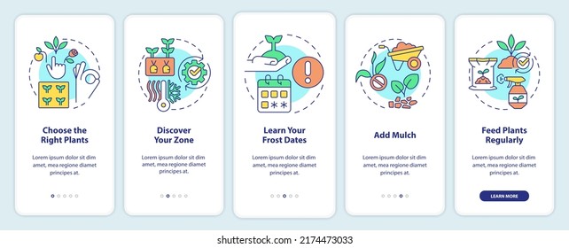 Tips for gardening onboarding mobile app screen. Plants growth walkthrough 5 steps editable graphic instructions with linear concepts. UI, UX, GUI template. Myriad Pro-Bold, Regular fonts used