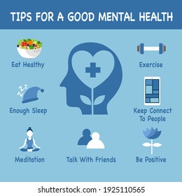 Tips For A Good Mental Health With Useful Advices Infographic Concept Vector Illustration. Healthy Brain And Mindfulness.