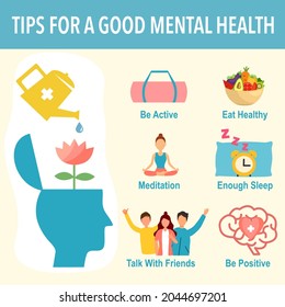 Tips For A Good Mental Health With Useful Advices Infographic Concept Vector Illustration. Healthy Brain And Mindfulness.