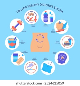 Tips for healthy digestive system poster. Gut health symbols, good digestion banner. Vector illustration.