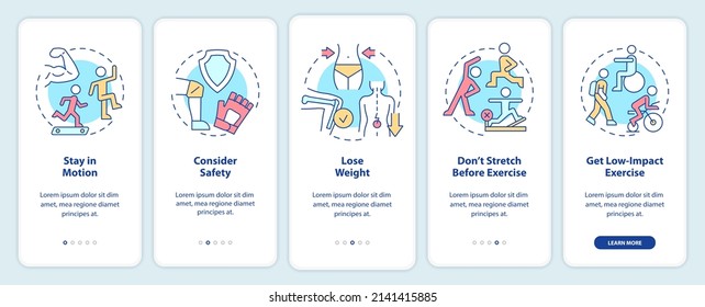 Tips for healthy joints onboarding mobile app screen. Stay in motion walkthrough 5 steps graphic instructions pages with linear concepts. UI, UX, GUI template. Myriad Pro-Bold, Regular fonts used
