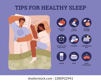 Tips for healthy sleep, infographic design - flat vector illustration. Couple peacefully sleeping in bed. Concepts of healthy sleep and bedtime routine. Medical poster template.