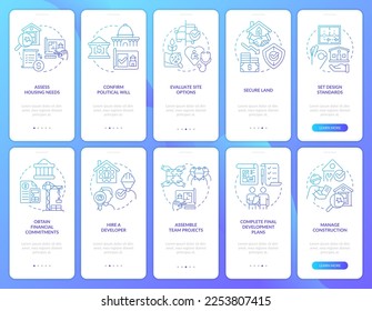 Tips for housing development blue gradient onboarding mobile app screen set. Walkthrough 5 steps graphic instructions with linear concepts. UI, UX, GUI template. Myriad Pro-Bold, Regular fonts used