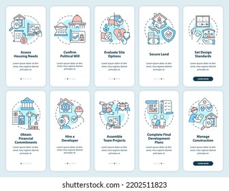 Tips for housing development onboarding mobile app screen set. Walkthrough 5 steps editable graphic instructions with linear concepts. UI, UX, GUI template. Myriad Pro-Bold, Regular fonts used