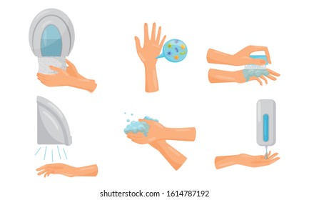 Tips of How to Wash Hands Properly with Illustrated Hands Actions Vector Set