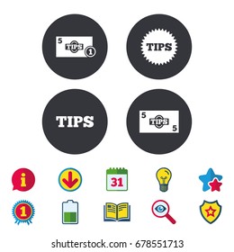 Tips icons. Cash with coin money symbol. Star sign. Calendar, Information and Download signs. Stars, Award and Book icons. Light bulb, Shield and Search. Vector