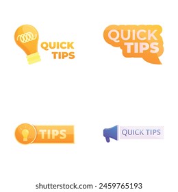 Tips icons set cartoon vector. Quick tips badge, emblem, label and sticker. Helpful advice, solution