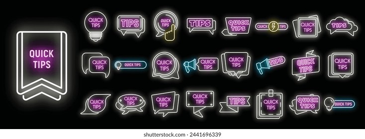 Tips icons set outline vector. Help information. Quick advice neon color on black