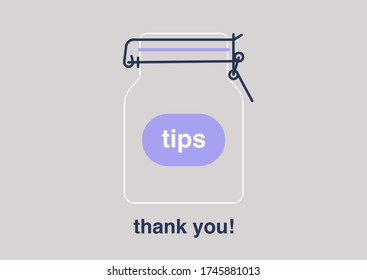 A tips jar, empty container for coins, restaurant service