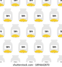 Tips jar filled with golden coins vector seamless pattern background.
