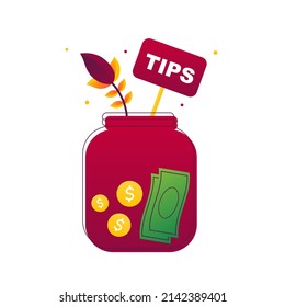 Tips jar, glass jar filled with cash and golden coins. Vector cartoon style illustration for giving tips, collecting money, savings related design.
