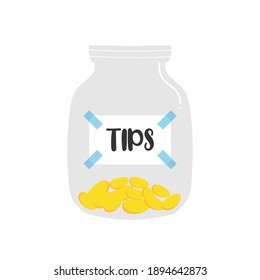 Tips jar, glass jar filled with golden coins vector illustration, icon. Collecting money concept.
