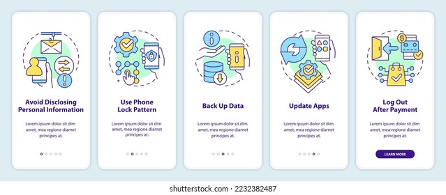 Tips to keep your smartphone secure onboarding mobile app screen. Walkthrough 5 steps editable graphic instructions with linear concepts. UI, UX, GUI template. Myriad Pro-Bold, Regular fonts used