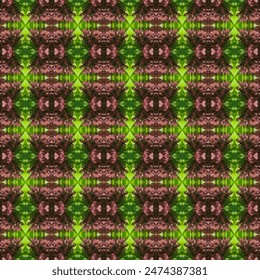 The tips of the leaves are dark purple. Next down the trunk is pink. and green below Arranged into a bouquet of flowers connected together. Features a dark background within lines of green. Gives a fe