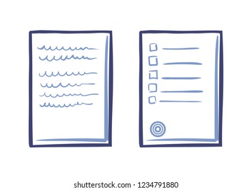 Tips or list on sheet of paper, contract with text, stamp and doodles vector icon isolated. Commercial documentation template, web letter sample, line art