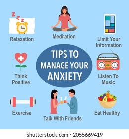 Tips to manage your anxiety infographic with useful advices in flat design.