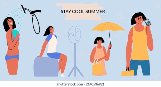 Tips on how to cool off in the summer heat. Vector illustration hand drawn in style