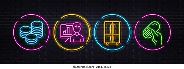 Tips, Presentation board and Refrigerator minimal line icons. Neon laser 3d lights. Capsule pill icons. For web, application, printing. Cash coins, Growth chart, Two-chamber fridge. Vector