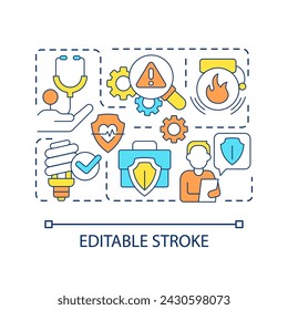 Tips for preventing workplace injuries concept icon. Job safety. Minimize occupational accidents abstract idea thin line illustration. Isolated outline drawing. Editable stroke. Arial font used