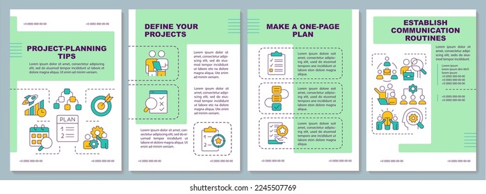 Tips for project planning green brochure template. Management. Leaflet design with linear icons. Editable 4 vector layouts for presentation, annual reports. Arial, Myriad Pro fonts used