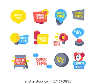 Tips quick set. Hints useful tips color banners alarm clock ringing megaphone message board red button question mark speed idea bulb modern information solution. Banners useful vector flat style.