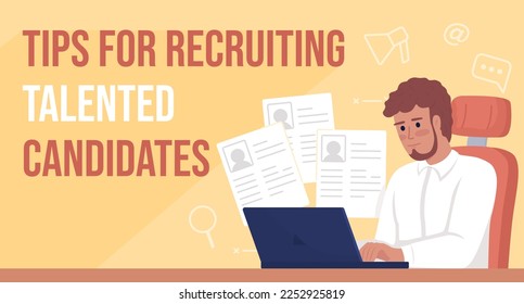 Tips for recruiting talented candidates flat vector banner template. Hiring top talents employees poster, leaflet printable color designs. Editable flyer page with text space. Bebas Neue font used