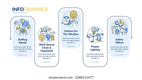 Consejos para reducir accidentes laborales plantilla de infografía rectangular. Visualización de datos con 5 pasos. Gráfico de información de línea de tiempo editable. Diseño de flujo de trabajo con iconos de línea. Lato-Bold, fuentes regulares usadas