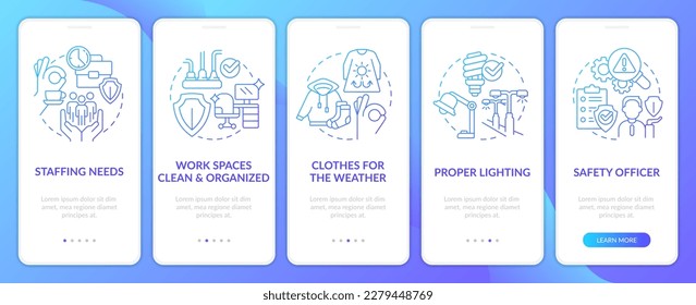 Consejos para reducir los accidentes laborales pantalla de aplicación móvil con degradado azul. Recorrido 5 pasos instrucciones gráficas con conceptos lineales. UI, UX, plantilla GUI. Multitud de tipos de letra Pro-Bold, con uso regular