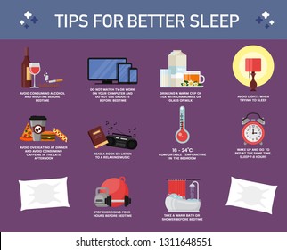 Tips or rules for better sleep, vector flat style design illustration. Useful advices how to get healthy sleep. Sleeping habits infographic.