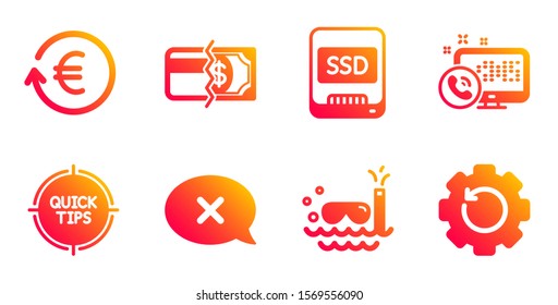 Tips, Scuba diving and Payment methods line icons set. Exchange currency, Reject and Ssd signs. Web call, Recovery gear symbols. Quick tricks, Trip swimming. Business set. Vector